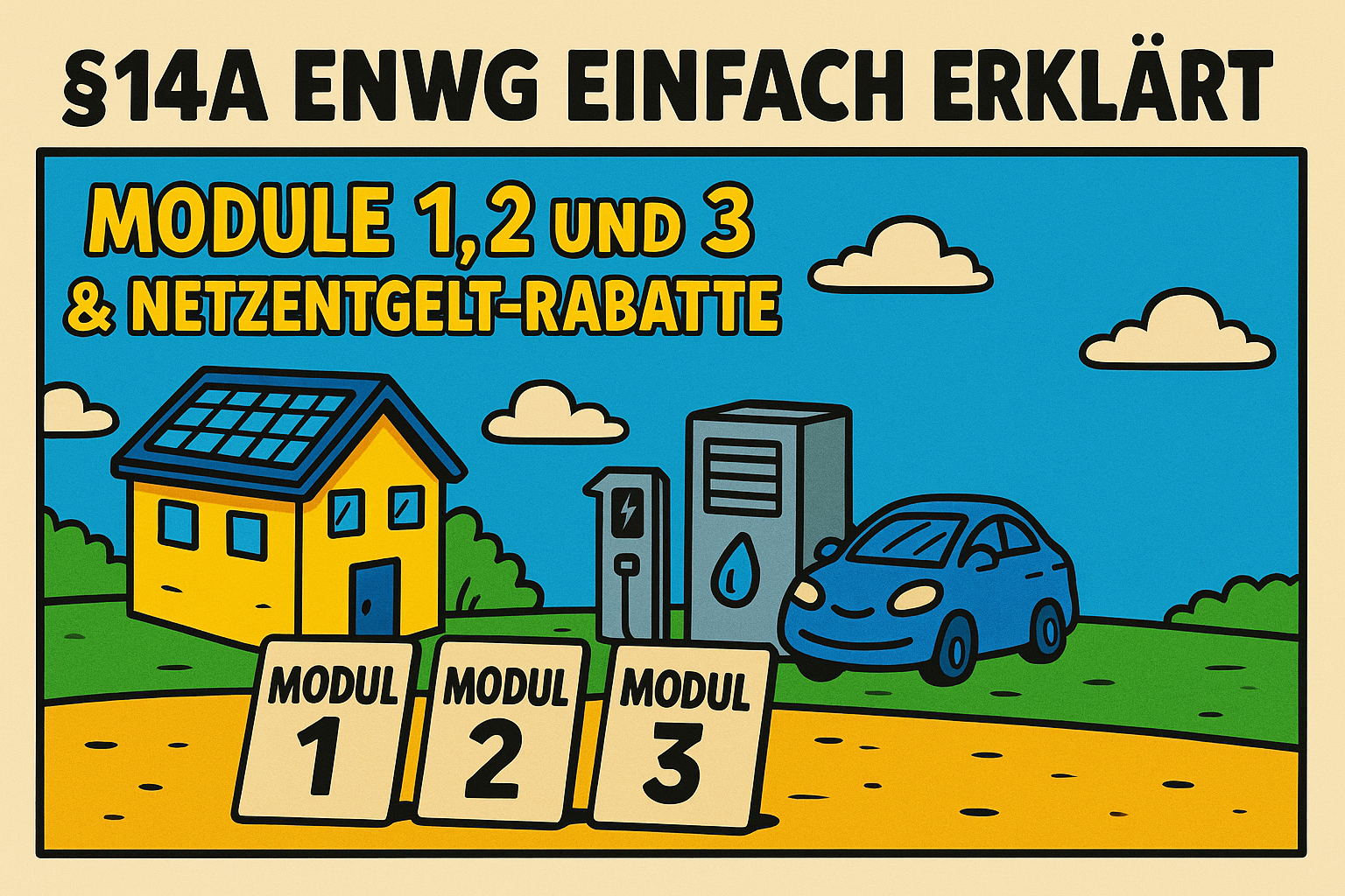 Animiertes Bild über den §14a EnWG und die Module 1,2,3 sowie Netzentgelt-Rabatte. Auf dem Bild ist zusätzlich ein Haus mit PV-Anlage und ein Auto mit einer Wallbox zu sehen.
