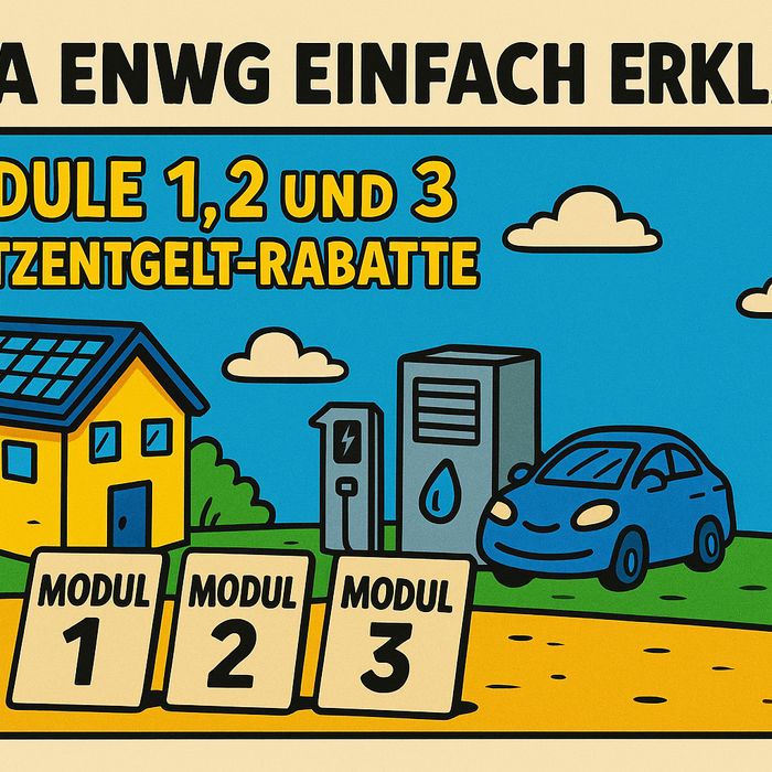 Animiertes Bild über den §14a EnWG und die Module 1,2,3 sowie Netzentgelt-Rabatte. Auf dem Bild ist zusätzlich ein Haus mit PV-Anlage und ein Auto mit einer Wallbox zu sehen.